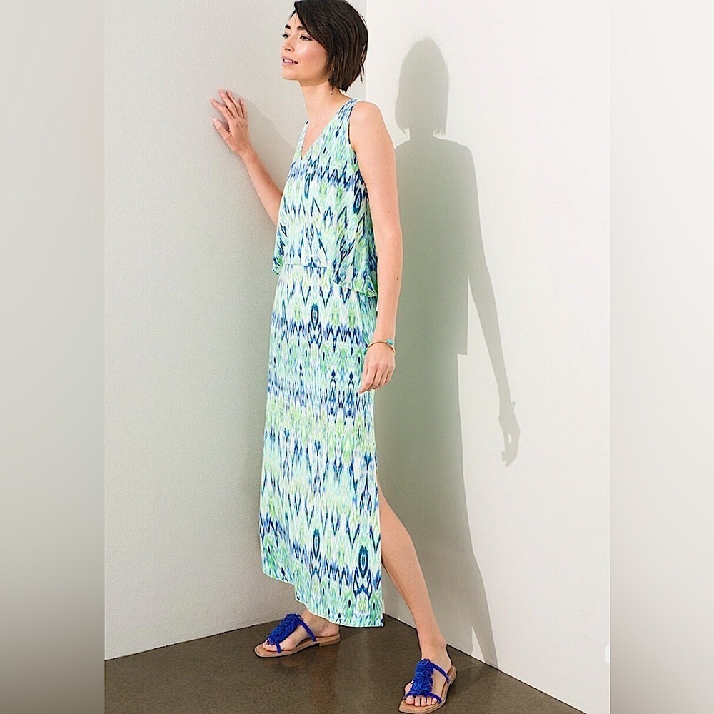 Chico’s Ikat Popover Maxi Dress Print Blue & Green Sleeveless Boho Vacation 0/S